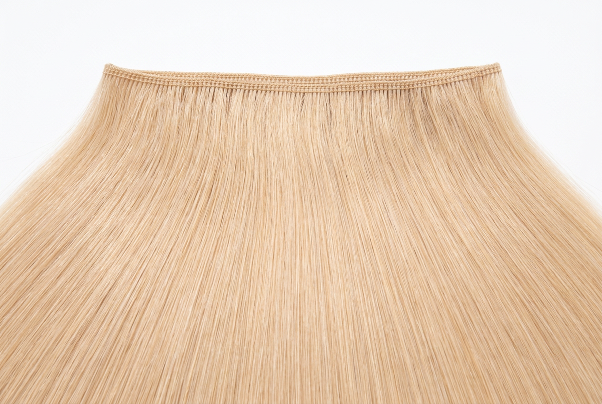 AI-generated illustration of a blonde hair weft with stitched top edge and straight strands spread over a white background.