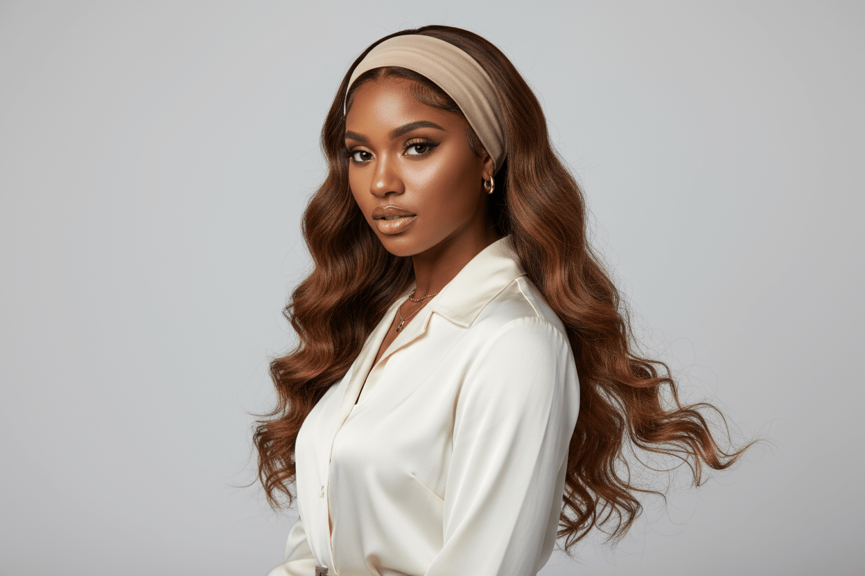 video of model wearing a headband wig