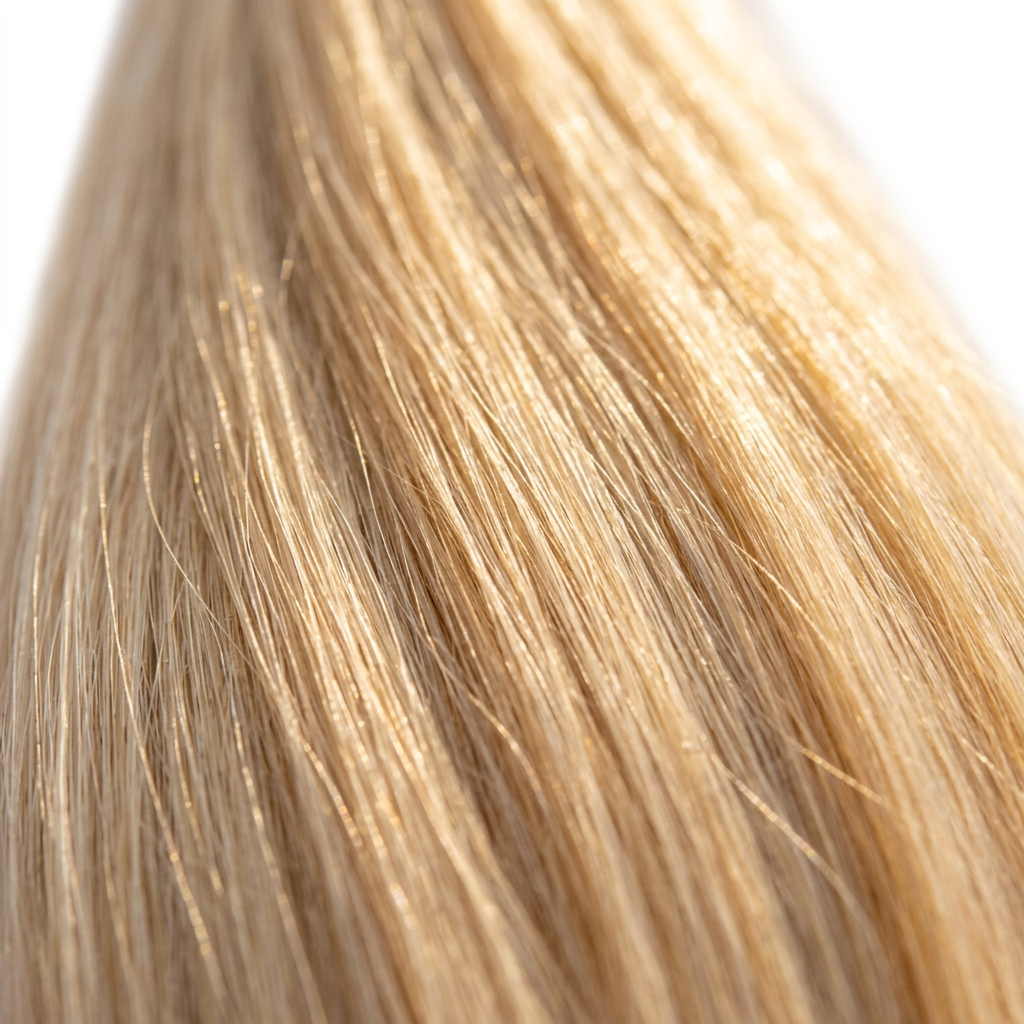 AI-generated illustration of straight blonde hair strands with golden highlights in a sunlit close-up.